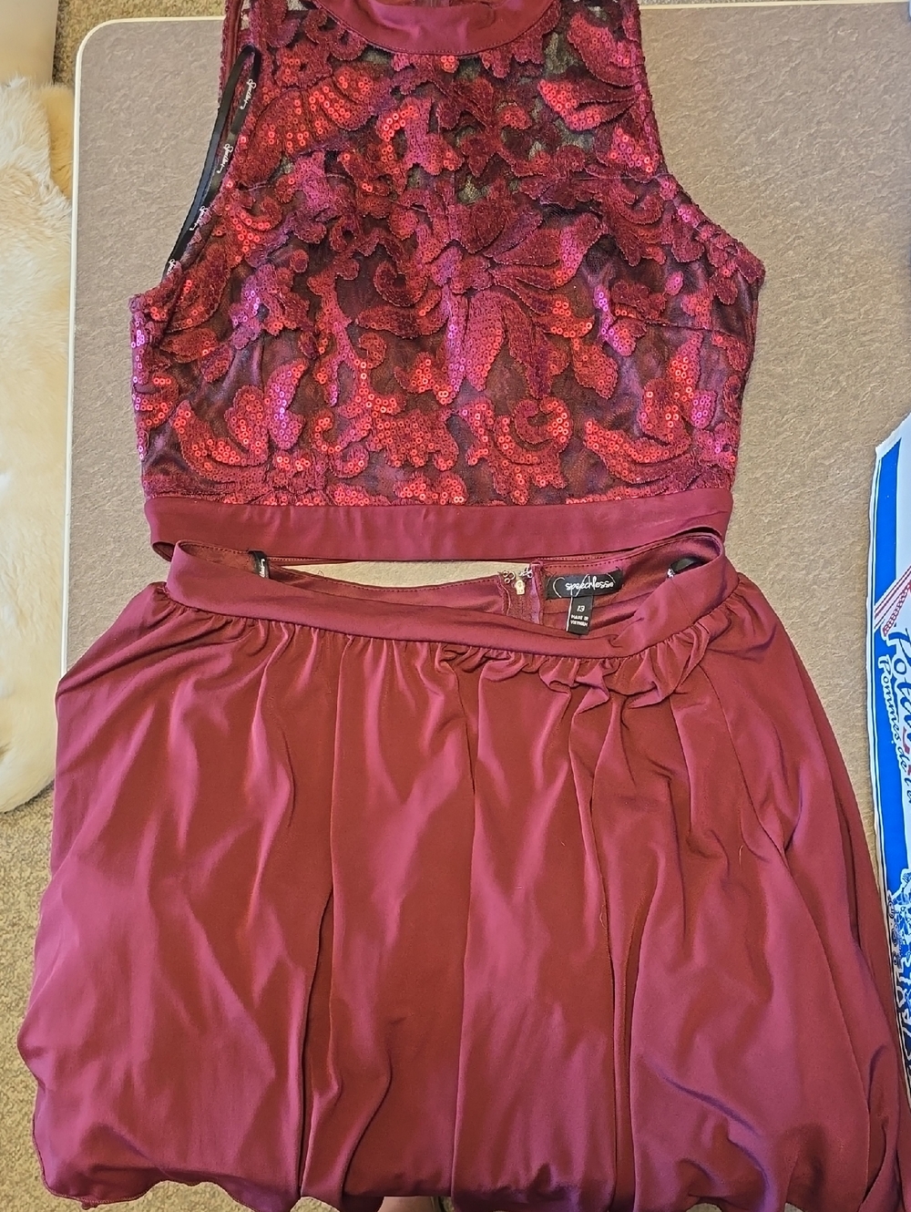 Speechless Two-Piece Burgundy Sequin Crop Top & Skirt Set